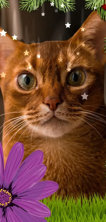 Brown cat with floral and festive design wallpaper.