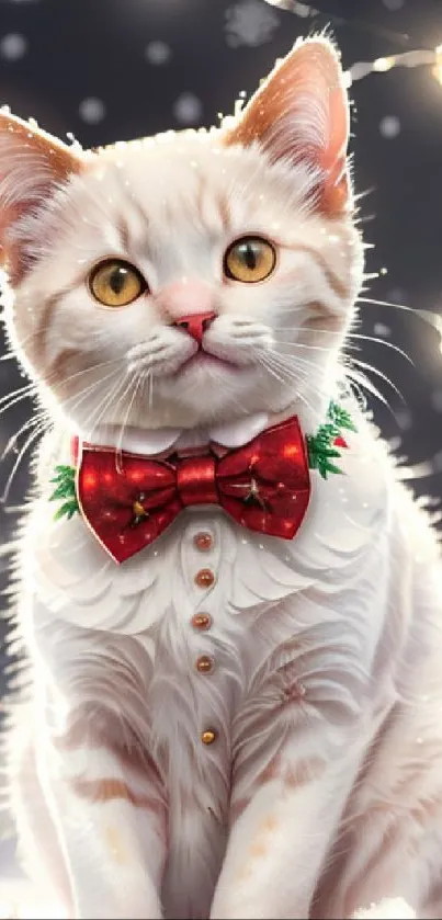 Festive cat in red bow tie with lights and snowflakes in background.