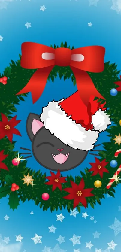 Festive cat with Santa hat in holiday wreath on blue background.