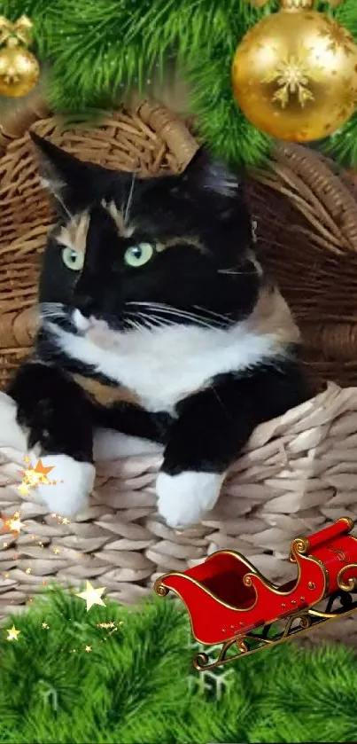 Calico cat in Christmas basket with festive decorations.