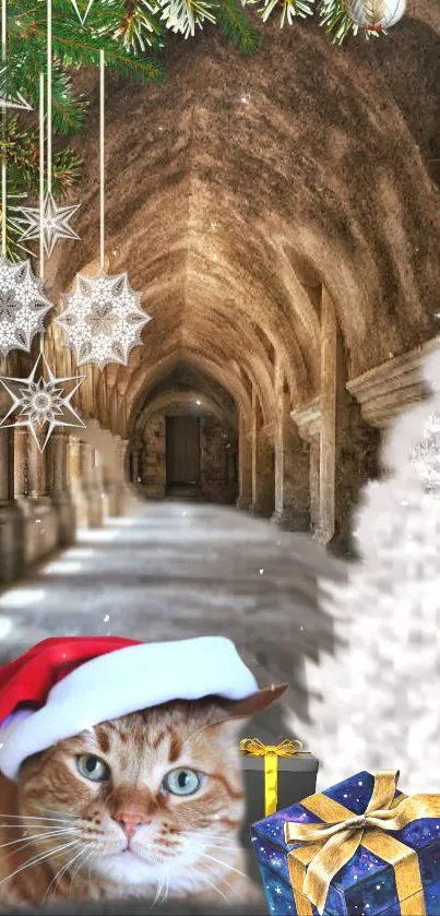 Festive cat in Santa hat with gifts and snowflakes in a medieval corridor.