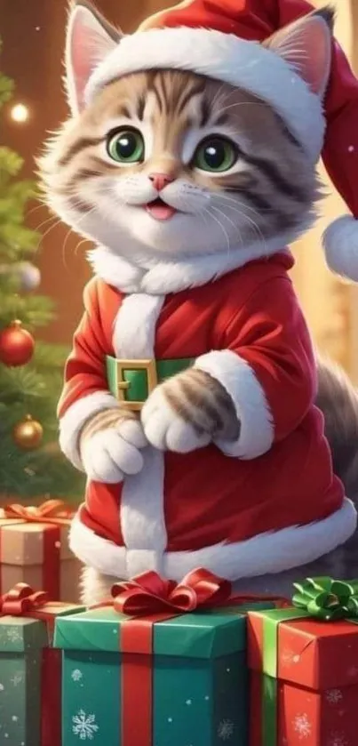 Cat in Santa outfit with gifts under the Christmas tree.