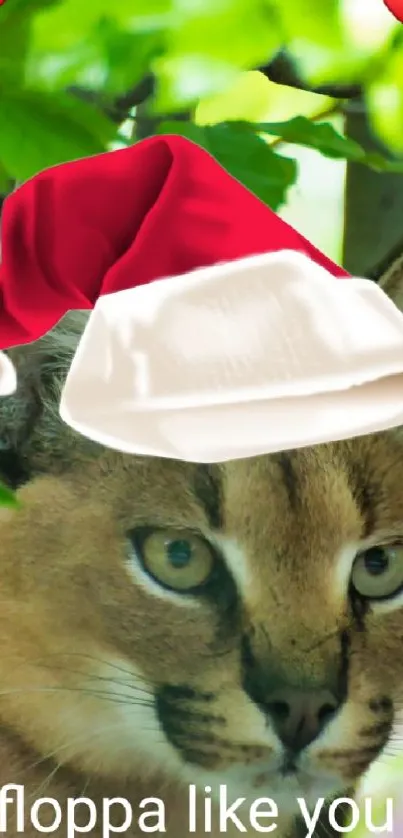 Festive cat with hat in green forest.