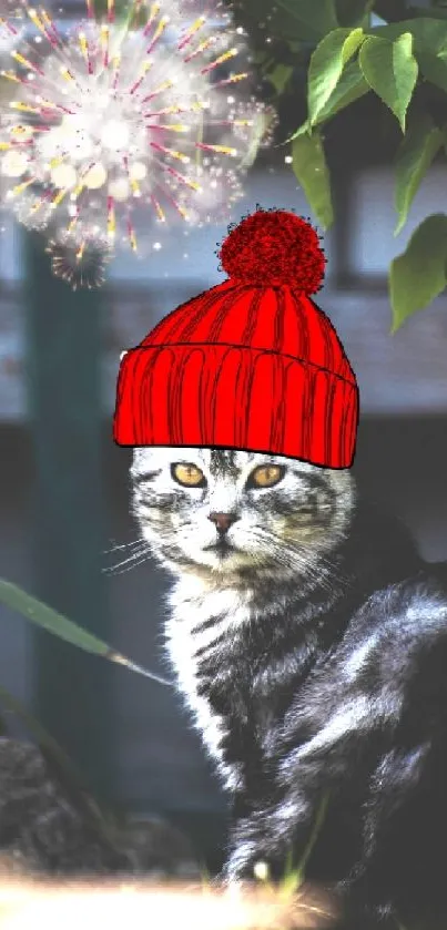 Cute cat in red beanie surrounded by green leaves and sparkles.