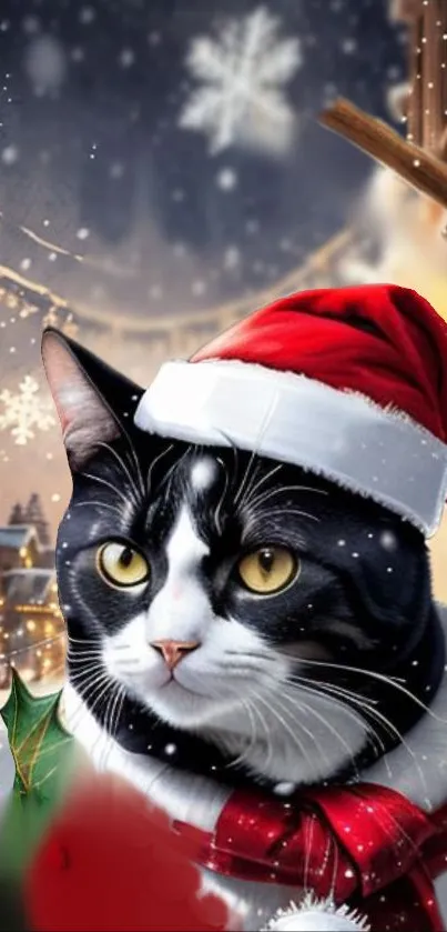 Cat in Santa hat with festive snowy backdrop.