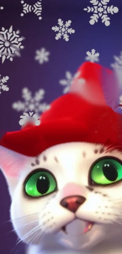 Festive cat with Santa hat and green eyes among snowflakes.