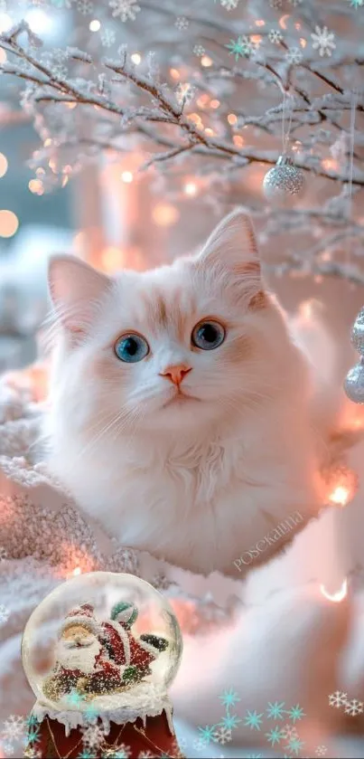 White cat with blue eyes in festive winter setting with snow globe.