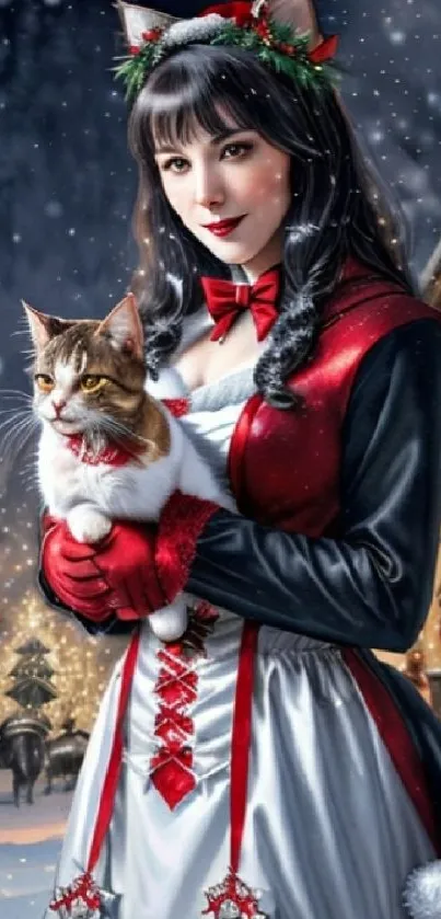 Woman in festive attire holding a cat in a snowy winter scene.