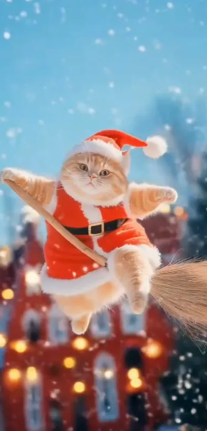 Adorable cat in Santa suit on broomstick in snowy scene.