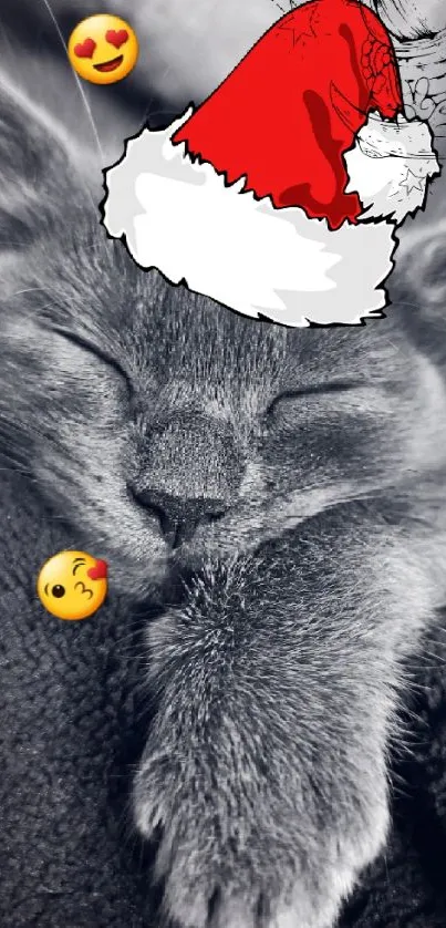 Adorable cat sleeping with Santa hat and emojis in grayscale.