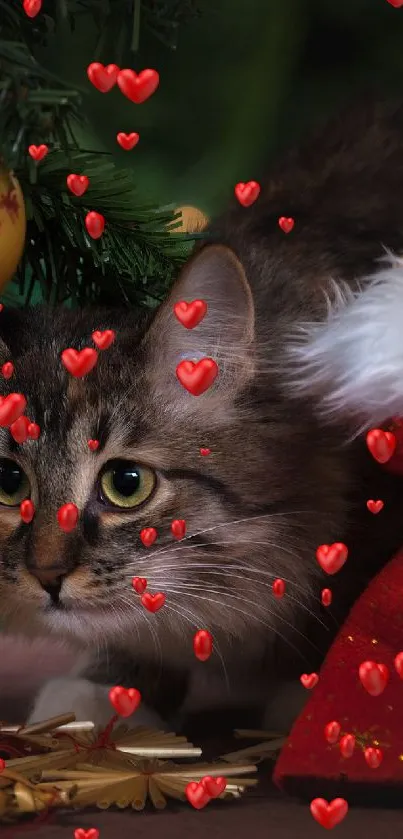 Cute cat under Christmas tree with decorations and gift bag.