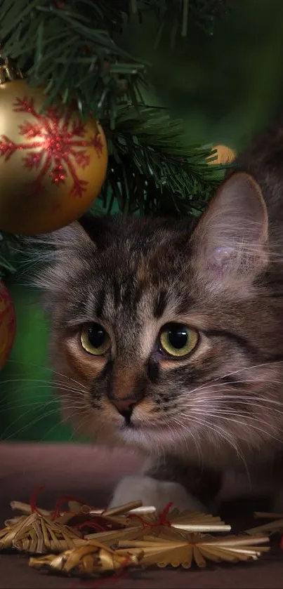 Fluffy cat under Christmas tree with ornaments.