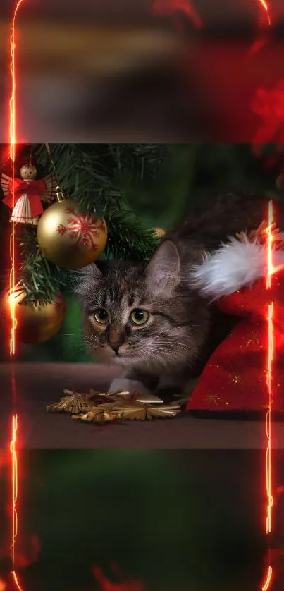 Cat under Christmas tree with festive ornaments and glowing lights.