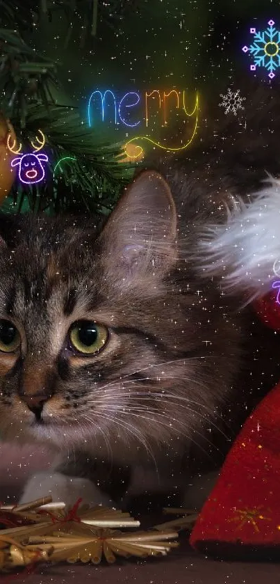 Festive Christmas scene with cat under tree and ornaments.