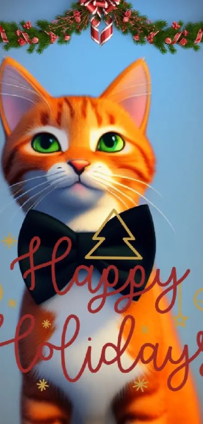 Festive cat with bowtie and holiday greeting on mobile wallpaper.