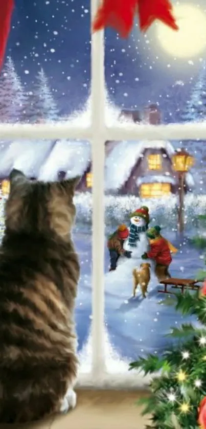 Cat gazing at winter snowman through decorated window.