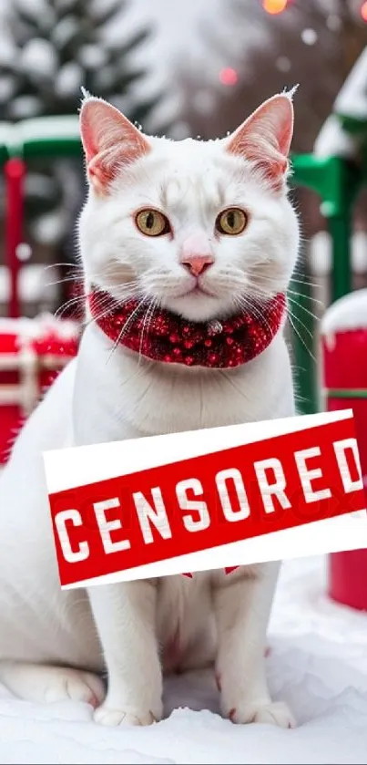 Festive white cat in snow with red scarf.