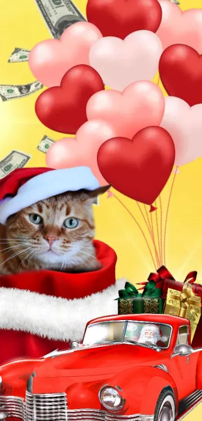 Festive cat with balloons, gifts, and cash on yellow background.