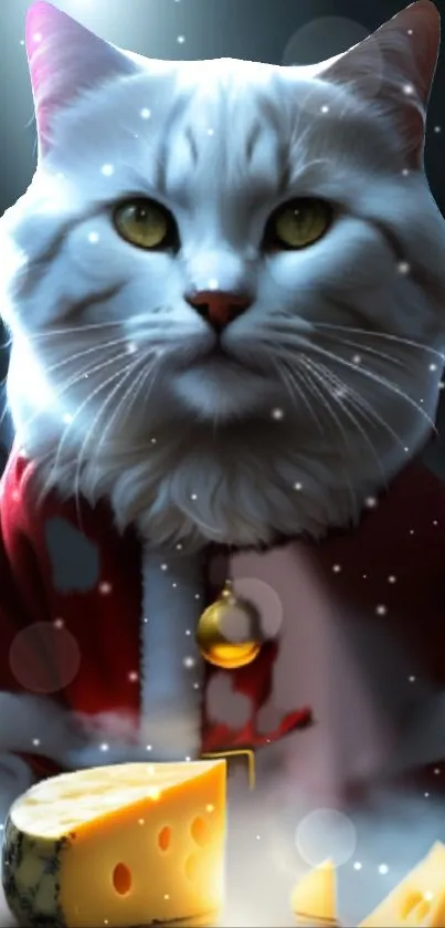 Festive cat in Santa suit with cheese slice on mobile wallpaper.