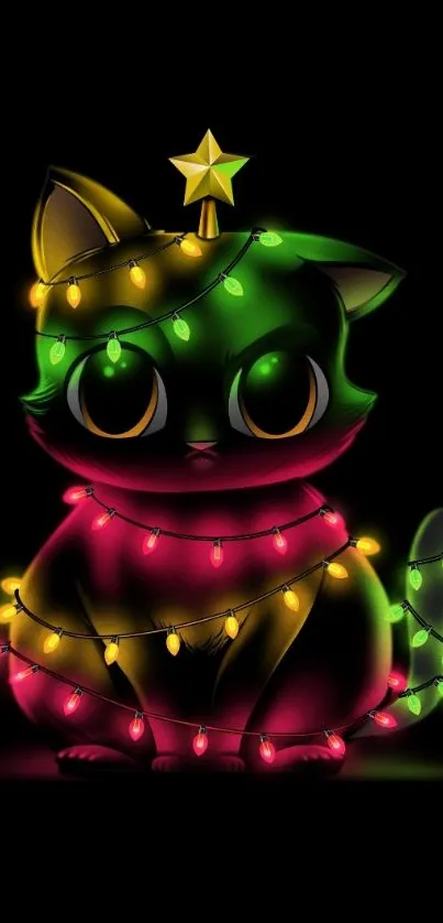 Cute festive cat wrapped in colorful Christmas lights.