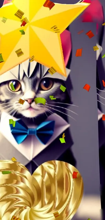 Festive cat in tuxedo with gold heart and confetti.