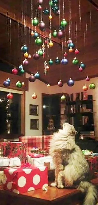 Fluffy cat watching colorful ornaments hanging in a festive room.