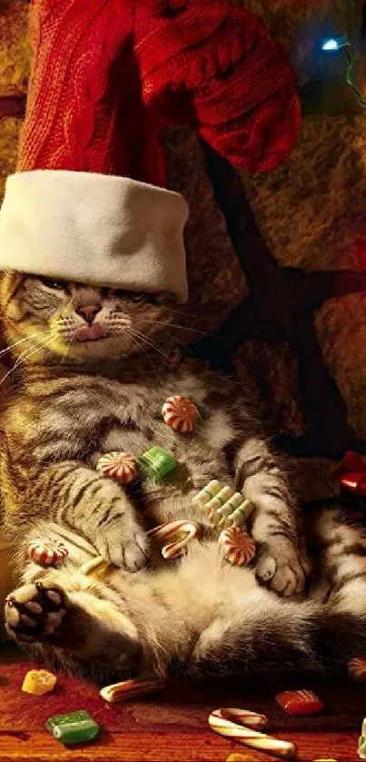 Cute cat in Santa hat with candy and decorations.