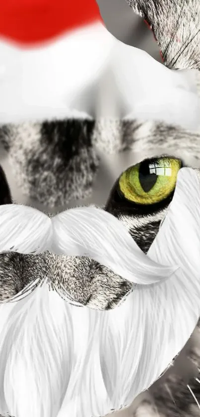 Cat wearing Santa hat and beard for festive look.