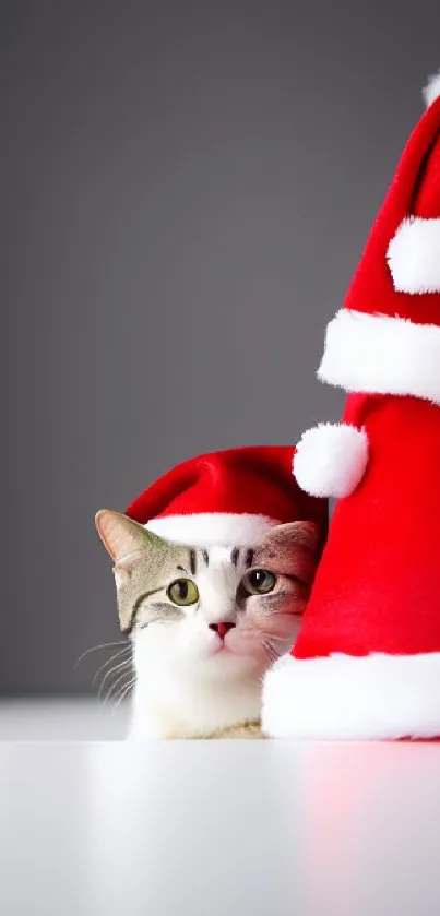 Cute cat peeks out from behind Christmas Santa hats with a festive red backdrop.