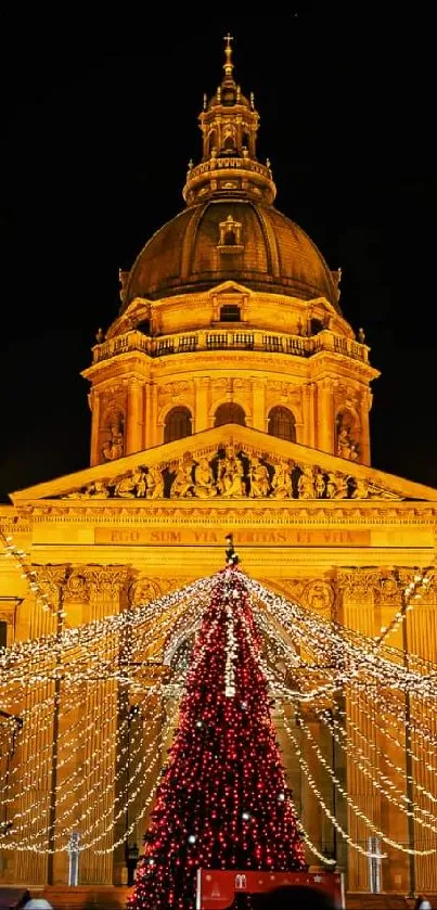 Illuminated cathedral with festive Christmas market lights.