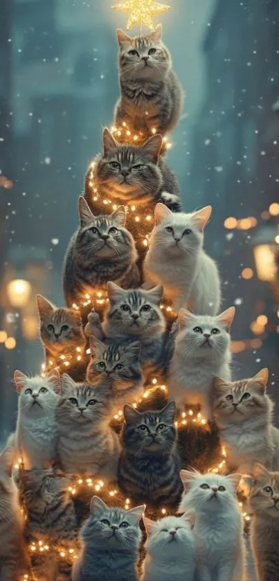Cats stacked like a Christmas tree with festive lights.