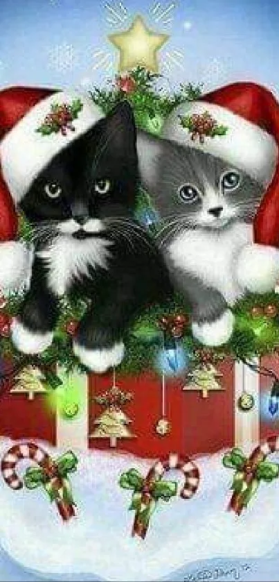 Adorable kittens with Santa hats among Christmas gifts and candy canes.