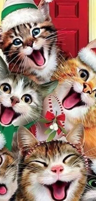 Christmas cats in Santa hats, vibrant and festive.