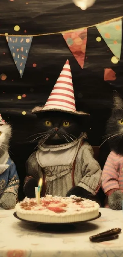 Five cats in party hats at festive celebration.