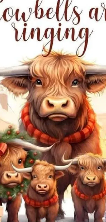 Festive cattle with wreath and scarves in a holiday-themed illustration.