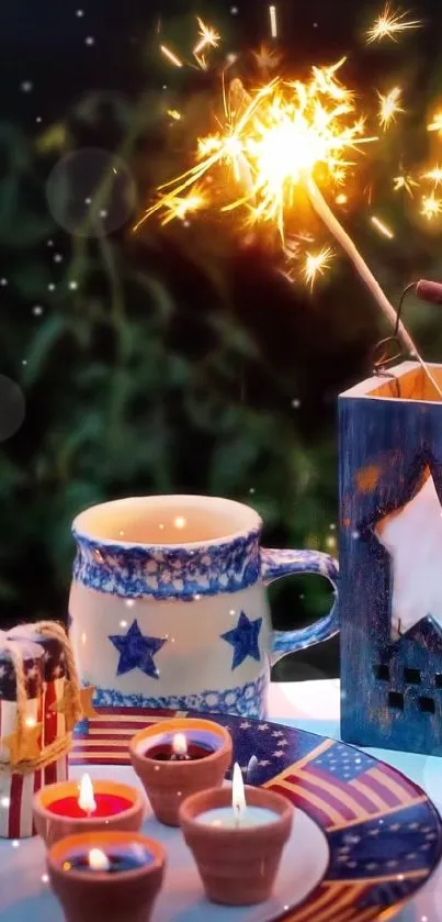 Festive table setting with sparklers, candles, and strawberries on a vibrant background.