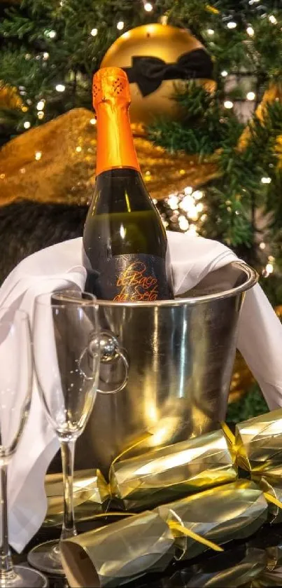 Champagne bottle in ice bucket with festive gold decorations.