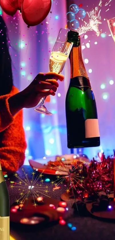 Festive party scene with champagne toasts and colorful lights.