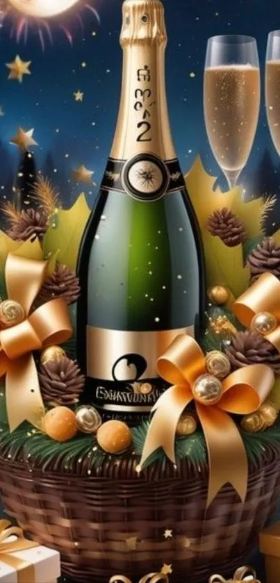 Festive champagne bottle with gifts and fireworks.