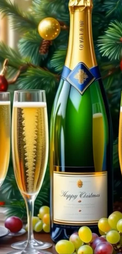 Champagne bottle and glasses with Christmas decorations.
