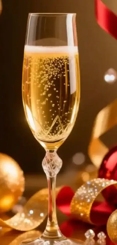Champagne glass with festive baubles and ribbons, perfect for holiday wallpaper.