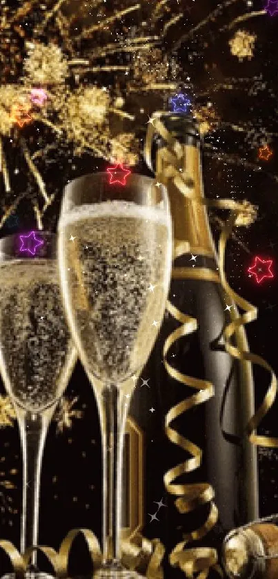 Champagne glasses with fireworks and golden ribbons for a festive mobile wallpaper.