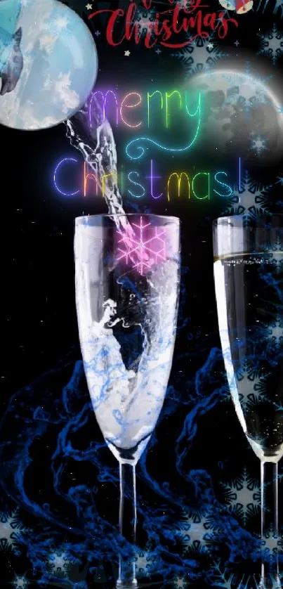 Festive Christmas wallpaper with champagne glasses and holiday theme.