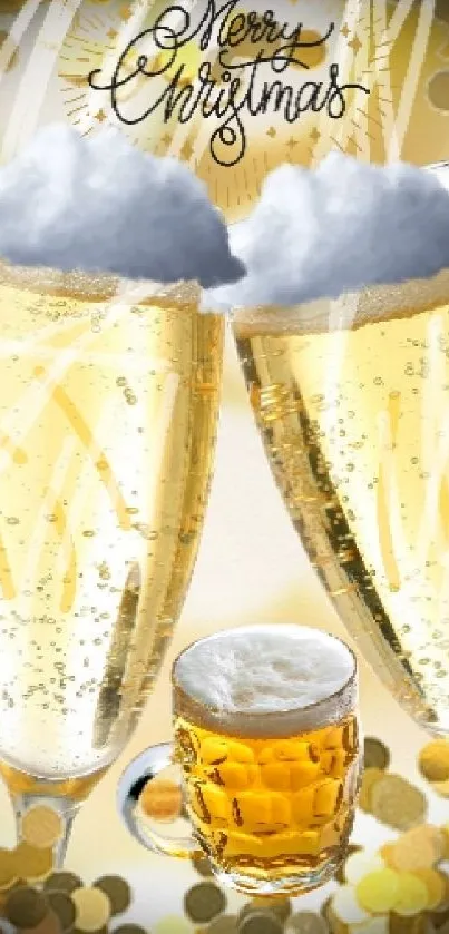 Festive Christmas wallpaper with champagne flutes and golden bubbles.