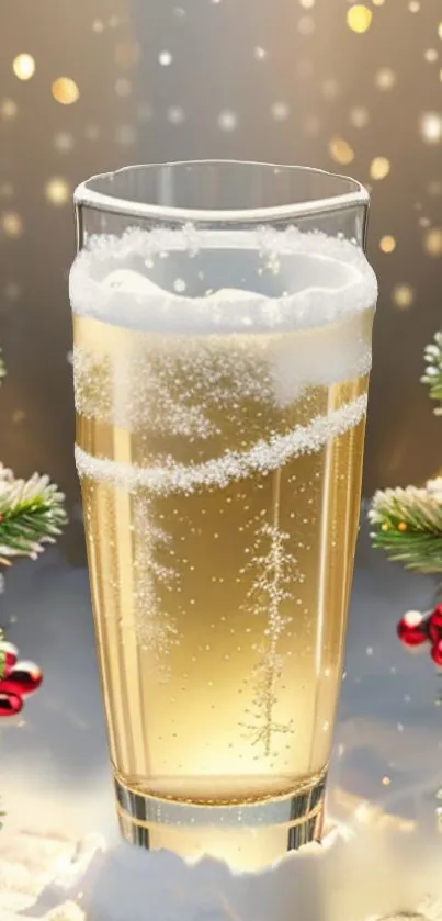 A sparkling champagne glass amidst a festive winter background with glowing lights.