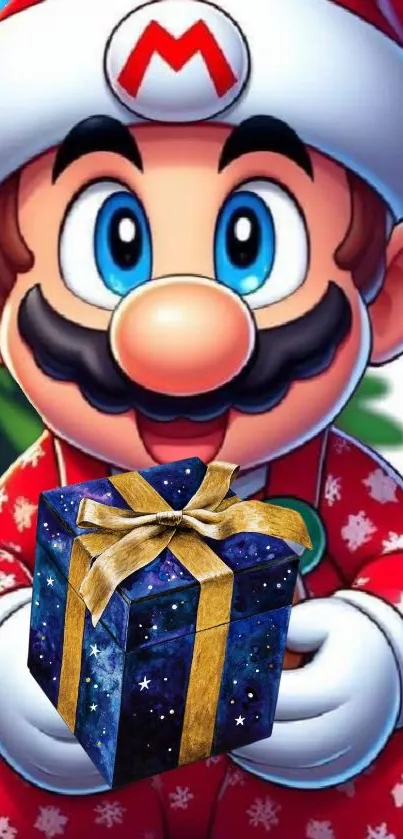 Character in Santa outfit holding a holiday gift.