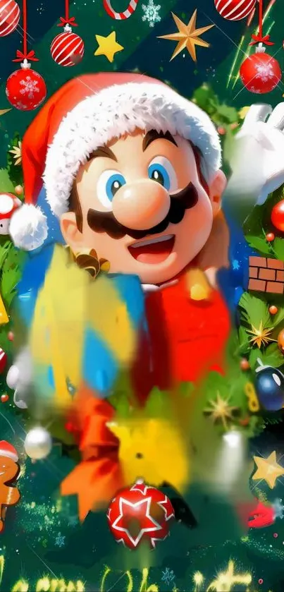 Festive character in a Santa hat with colorful holiday decorations.