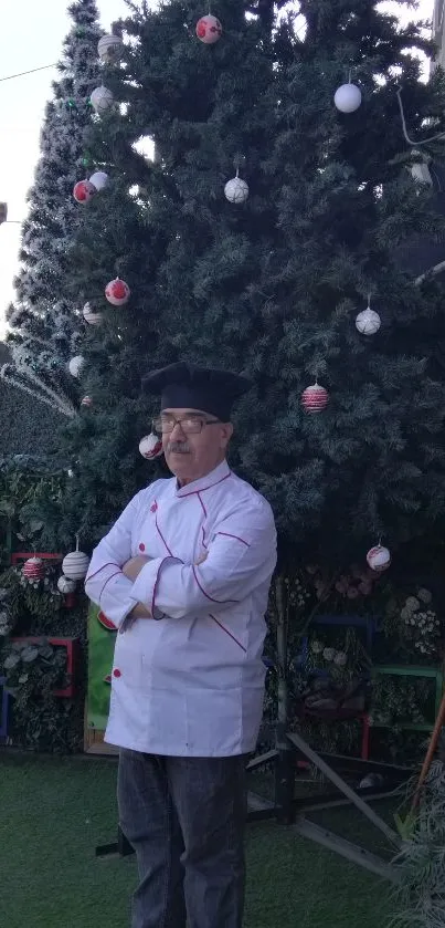 Chef standing by a Christmas tree outdoors, decorated for the holiday season.