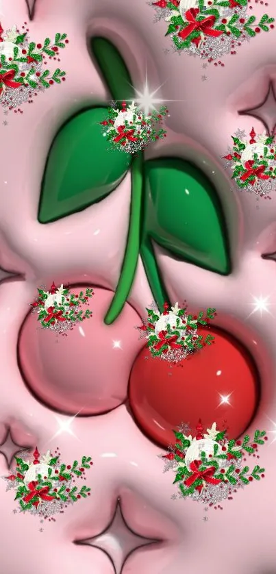 Festive cherry wallpaper with pink background and holiday decoration.