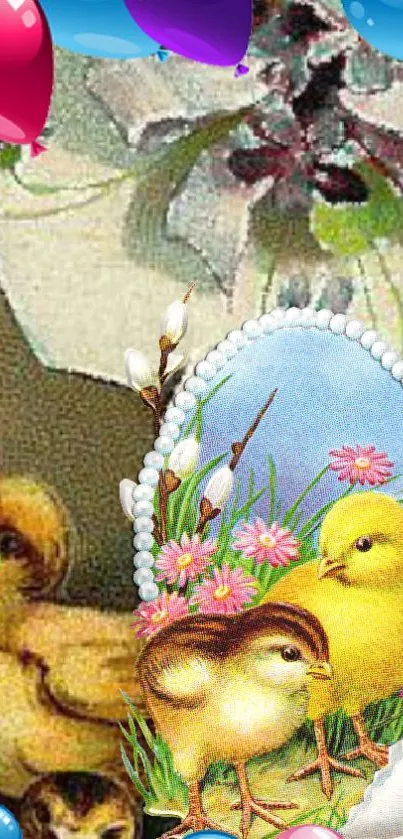 Colorful wallpaper with Easter chicks and vibrant balloons.